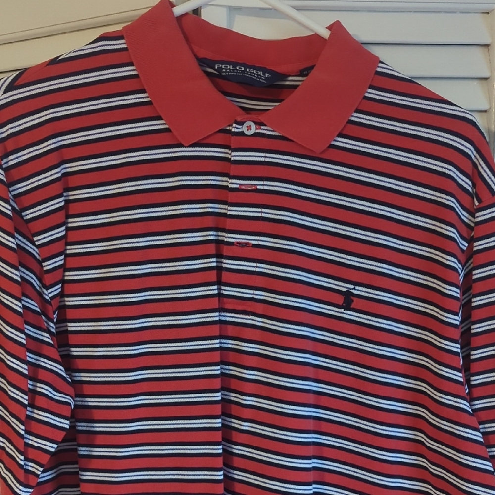 Polo by Ralph Lauren Orange, Blue and White Striped Polo Shirt L
